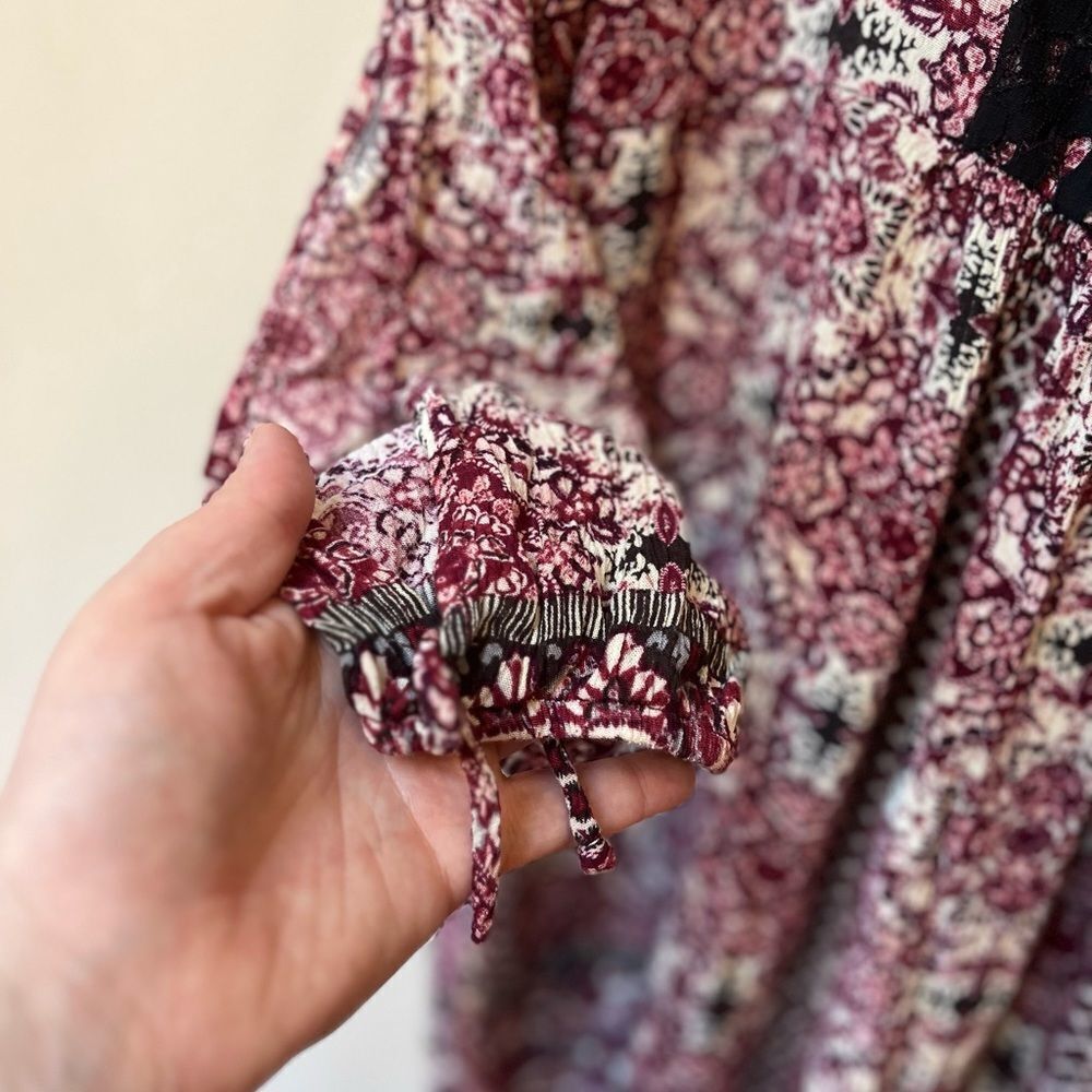 Boho Floral Mini Dress Burgundy Cottagecore Flowy Tie Back Medium - Picture 10 of 11
